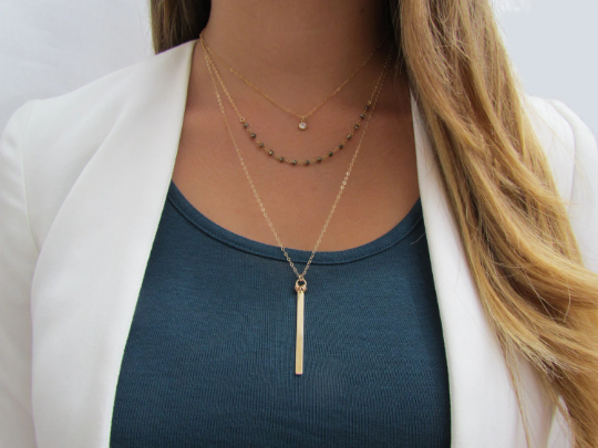 Gold Filled Layered Necklace Set | CZ Drop, Gemstone Beads, and Bar Pendant