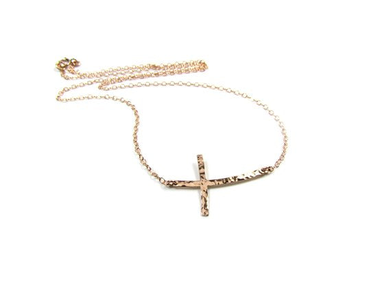 Hammered Curved Sideways Cross Necklace | Minimalist Jewelry