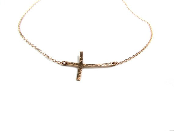 Hammered Curved Sideways Cross Necklace Set | Set of 2 Layered Necklaces