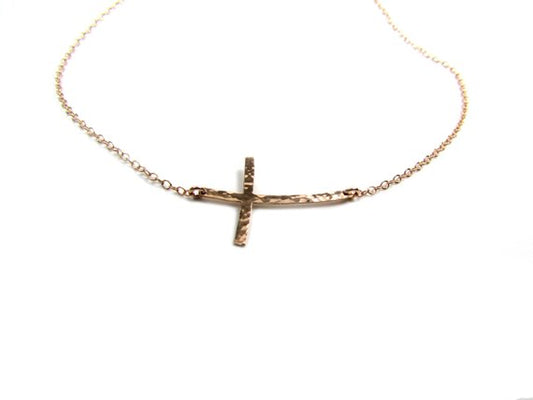 Hammered Curved Sideways Cross Necklace | Minimalist Jewelry