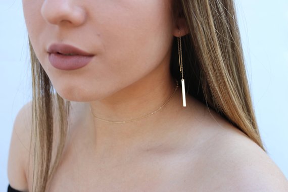 Bar Threader Earrings | 14K Gold or Sterling Silver | Minimalist Dangle Earrings