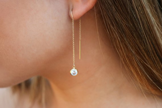 CZ Drop Threader Earrings | Box Chain Thread Thru Earrings