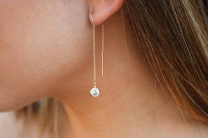 CZ Drop Threader Earrings | Box Chain Thread Thru Earrings