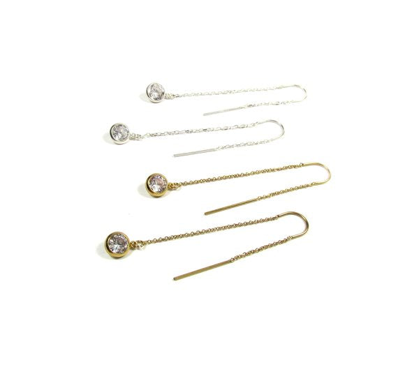 CZ Drop Threader Earrings | Box Chain Thread Thru Earrings