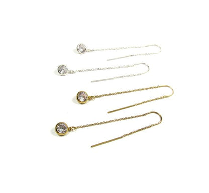 CZ Drop Threader Earrings | Box Chain Thread Thru Earrings