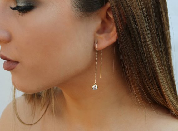CZ Drop Threader Earrings | Box Chain Thread Thru Earrings