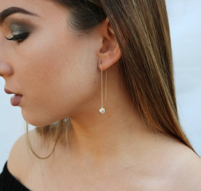CZ Drop Threader Earrings | Box Chain Thread Thru Earrings