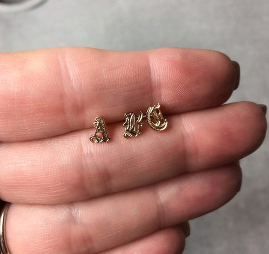 14K Gold Old English Stud Earrings | Solid Gold Letter Earrings | Personalized Alphabet Jewelry