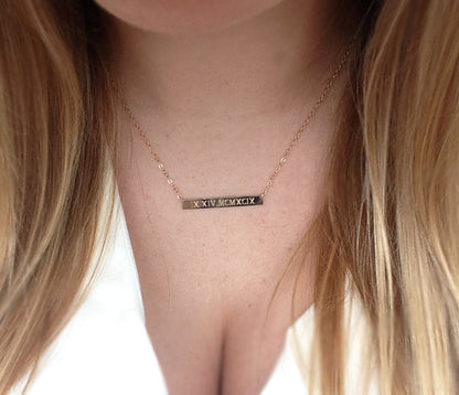 Engraved Roman Numeral Date Bar Necklace | Personalized Gold, Rose Gold & Silver Necklace