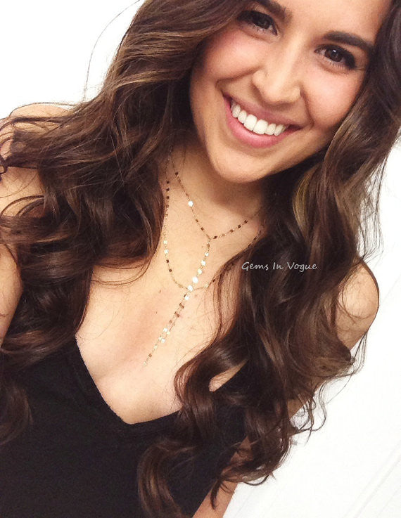 Double Strand Lariat | Shimmer Y Necklace | Reflective Layered Jewelry