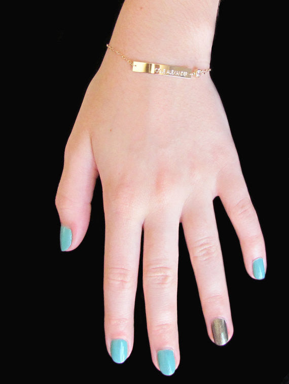 Engraved Bar Bracelet with CZ Accent | Personalized Bar Bracelet