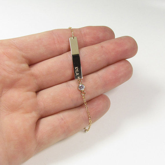 Engraved Bar Bracelet with CZ Accent | Personalized Bar Bracelet