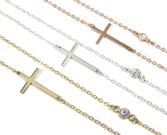 Sideways Cross Necklace with Bezel Set Simulated Diamond | Spiritual Jewelry