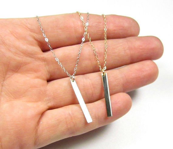 14K Gold Skinny Vertical Bar Pendant | Engravable Necklace