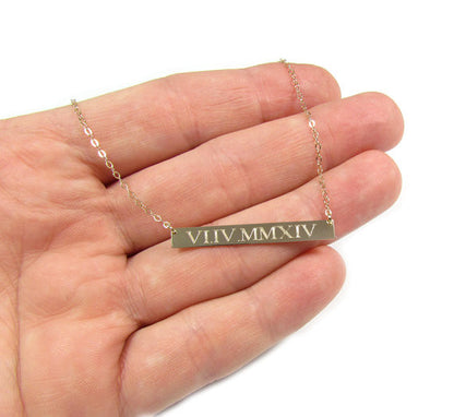 14K Solid Gold Roman Numeral Personalized Bar Necklace | Custom Engraved Date Pendant
