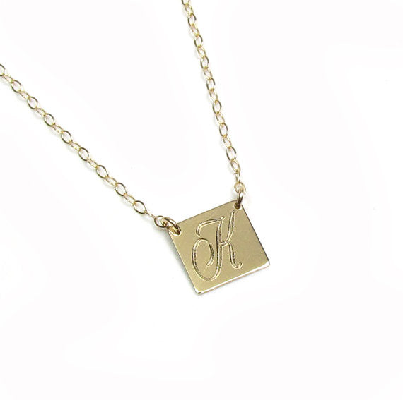 14K Solid Gold Engraved Square Pendant Necklace | Personalized Initial Jewelry