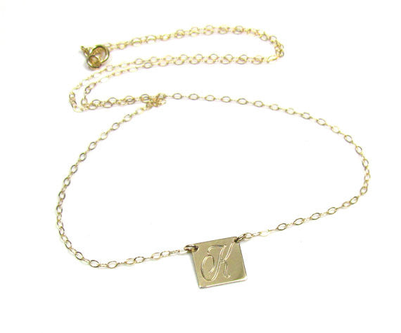 14K Solid Gold Engraved Square Pendant Necklace | Personalized Initial Jewelry