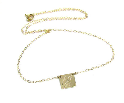 14K Solid Gold Engraved Square Pendant Necklace | Personalized Initial Jewelry