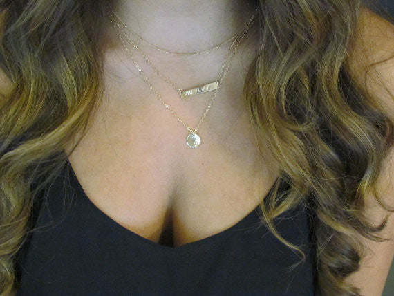 Set of 3 Layering Necklaces | Beaded Satellite Chain, Engraved Bar, Pendant & Hammered Disc