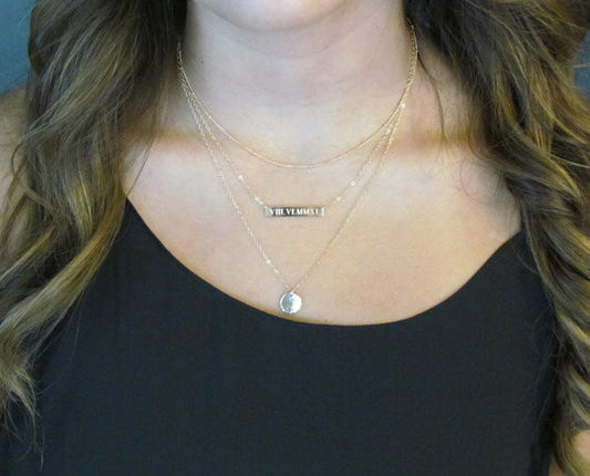 Set of 3 Layering Necklaces | Beaded Satellite Chain, Engraved Bar, Pendant & Hammered Disc