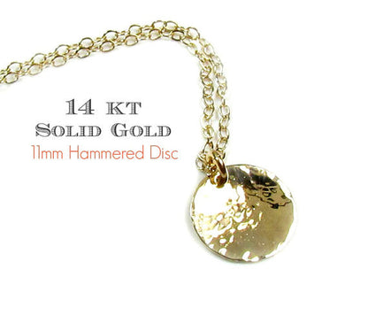 14K Solid Gold Hammered Disc Charm Necklace | Textured Gold Pendant | Fine Jewelry