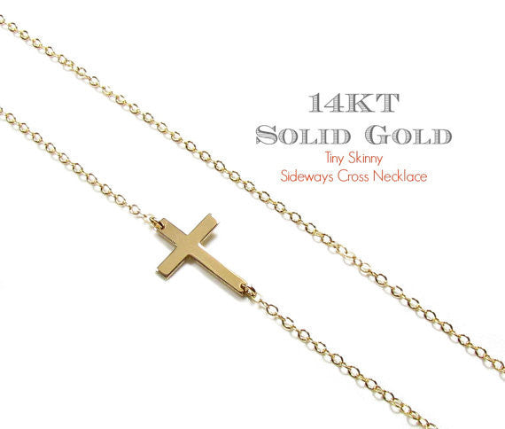 14K Tiny Sideways Cross Necklace | Solid Yellow Gold