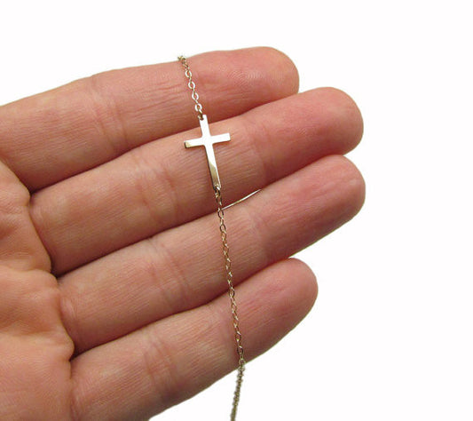14K Tiny Sideways Cross Necklace | Solid Yellow Gold