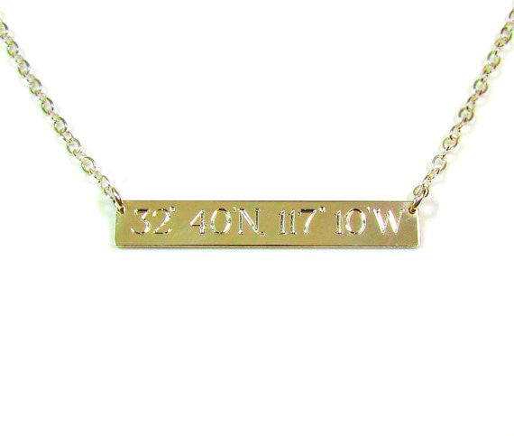 Coordinates Engraved Name Plate Bar Necklace