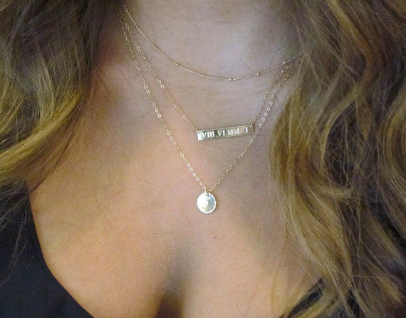 Set of 3 Layering Necklaces | Beaded Satellite Chain, Engraved Bar, Pendant & Hammered Disc