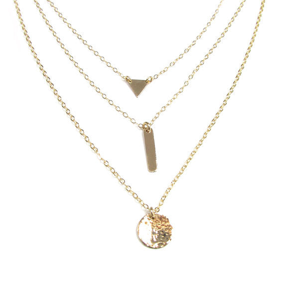 Set of 3 Layering Necklaces | Triangle, Vertical Bar & Hammered Disc Necklace