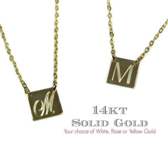 14K Solid Gold Engraved Square Pendant Necklace | Personalized Initial Jewelry