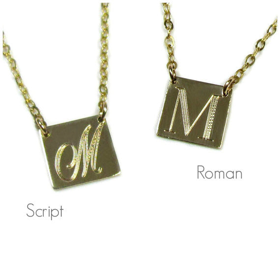 14K Solid Gold Engraved Square Pendant Necklace | Personalized Initial Jewelry