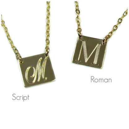 14K Solid Gold Engraved Square Pendant Necklace | Personalized Initial Jewelry