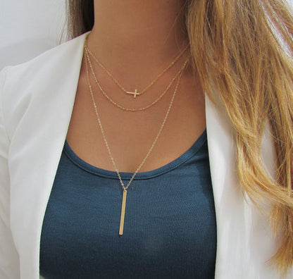 Layered Necklace Set | Sideways Cross, Beaded Chain & Vertical Bar Necklace