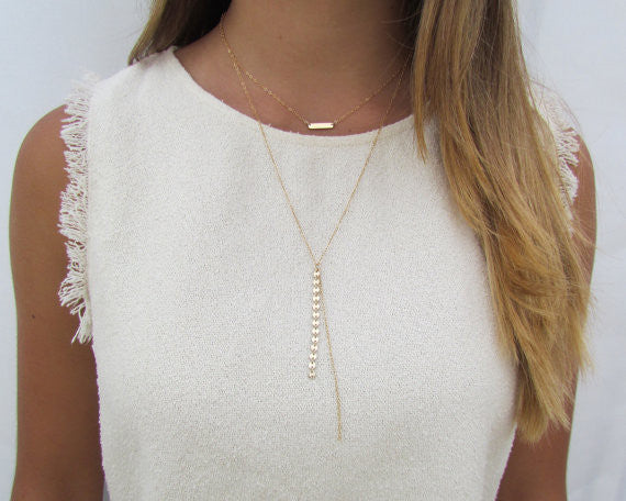 Set of 2 Layering Necklaces - Tiny Bar Necklace, Long Sequin Disc Y Necklace