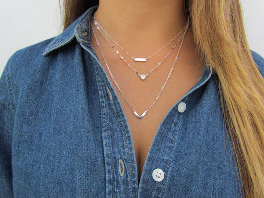 Set of 3 Layering Necklaces | Tiny Dash Bar, Lace Reflective Chain & Small Chevron Necklace
