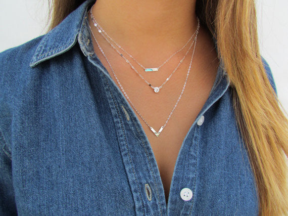 Set of 3 Layering Necklaces | Tiny Dash Bar, Lace Reflective Chain & Small Chevron Necklace