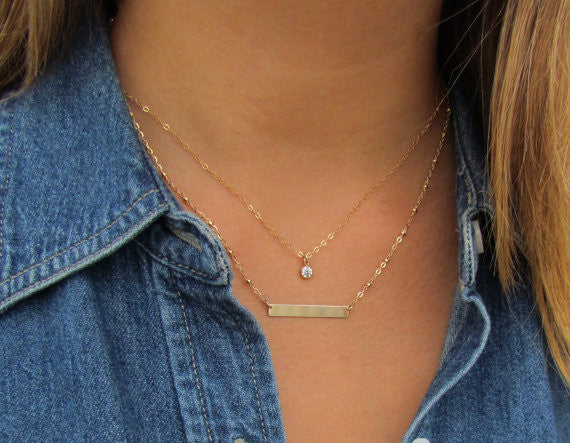 Layered Necklace Set | Dainty CZ Solitaire & Engraved Pendant on Beaded Chain