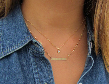 Layered Necklace Set | Dainty CZ Solitaire & Engraved Pendant on Beaded Chain