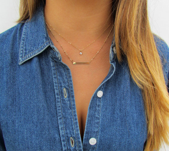 Set of 2 Layering Necklaces - Dainty CZ Solitaire Necklace and Engraved Bar Necklace