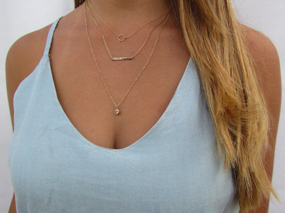 Set of 3 Layering Necklaces - Geometric Square, Small Hammered Bar, Long CZ Charm Necklace