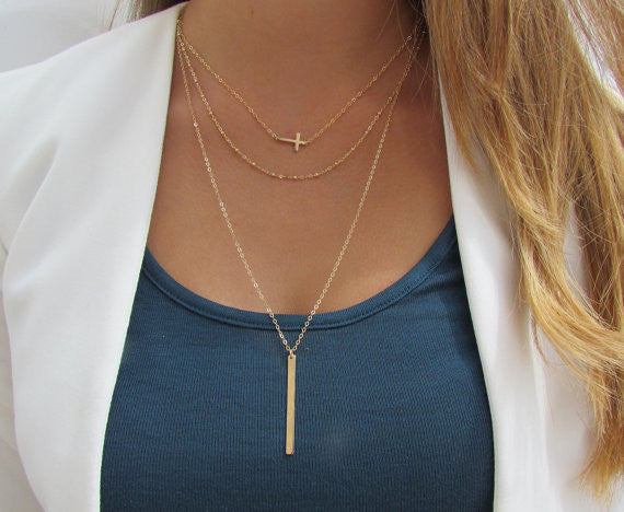 Layered Necklace Set | Sideways Cross, Beaded Chain & Vertical Bar Necklace
