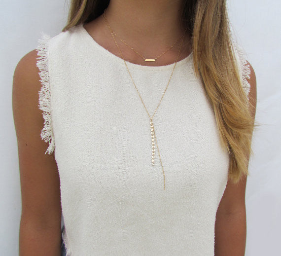 Set of 2 Layering Necklaces - Tiny Bar Necklace, Long Sequin Disc Y Necklace