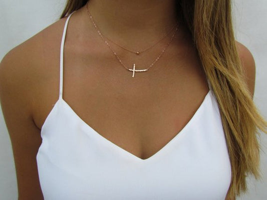 Hammered Curved Sideways Cross Necklace Set | Set of 2 Layered Necklaces