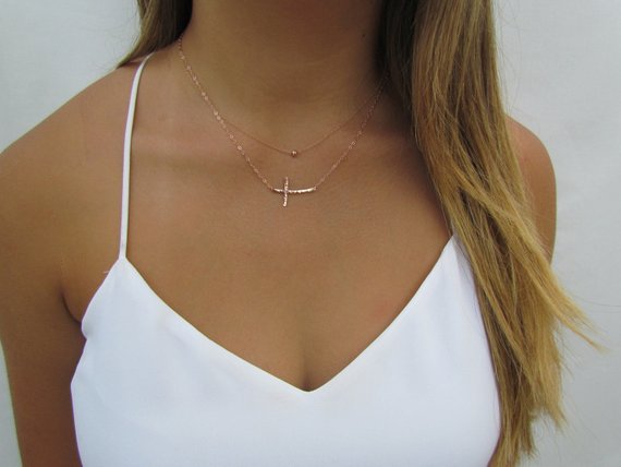 Hammered Curved Sideways Cross Necklace Set | Set of 2 Layered Necklaces