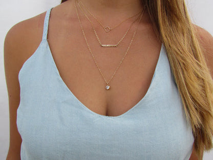 Layered Necklace Set | Geometric Square, Hammered Bar & Long CZ Charm Necklace
