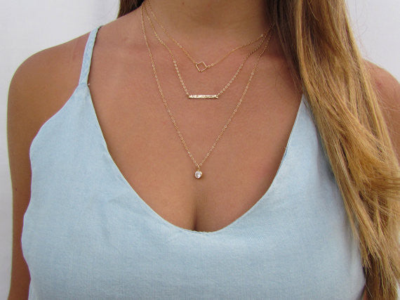 Set of 3 Layering Necklaces - Geometric Square, Small Hammered Bar, Long CZ Charm Necklace
