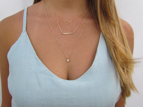 Layered Necklace Set | Geometric Square, Hammered Bar & Long CZ Charm Necklace