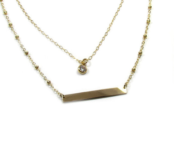 Layered Necklace Set | Dainty CZ Solitaire & Engraved Pendant on Beaded Chain
