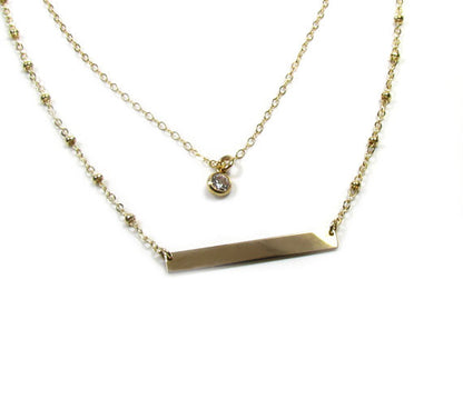 Layered Necklace Set | Dainty CZ Solitaire & Engraved Pendant on Beaded Chain